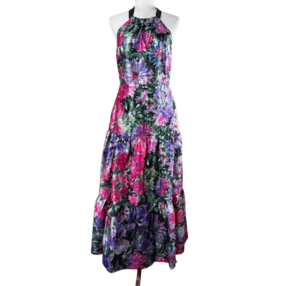 Milly New York Hayden Floral Metallic Halter Dress Open Back Tiered Size 8 - Picture 5 of 16